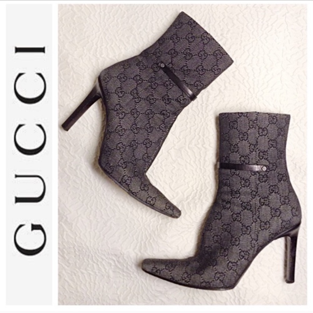 Authentic black denim monogram stiletto ankle boot